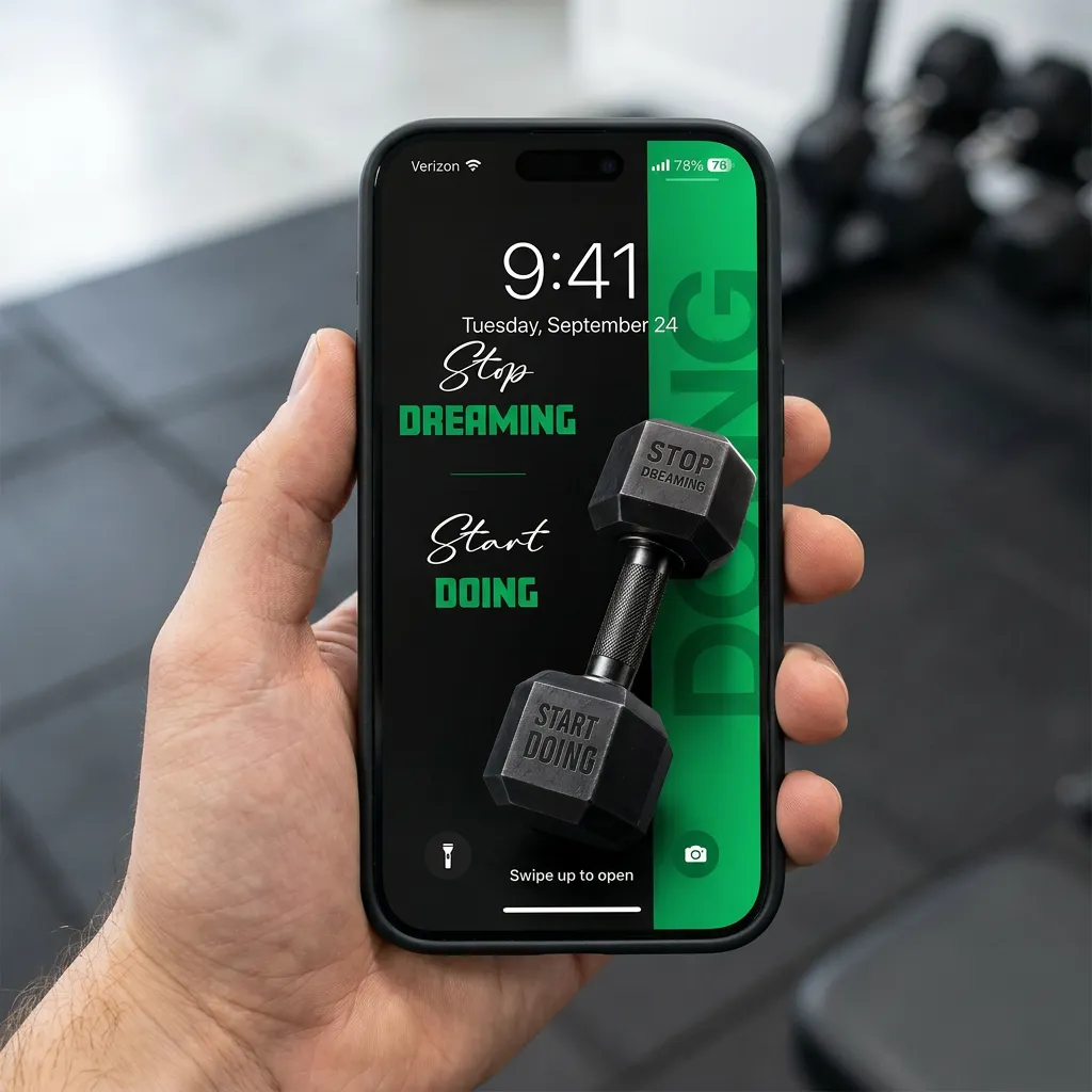 Black and green success mindset iPhone wallpaper with dumbbell quote mockup two