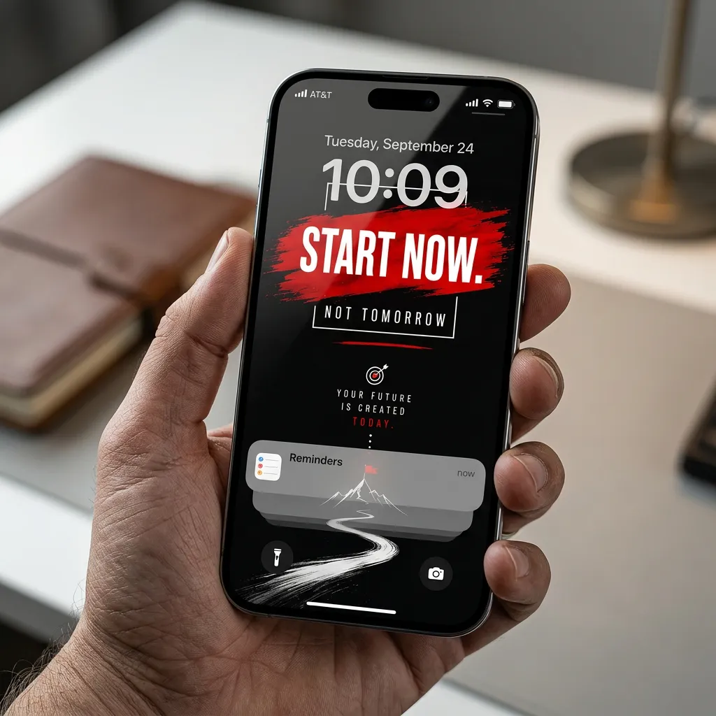Black and red motivational iPhone wallpaper with start now goal path mockup one