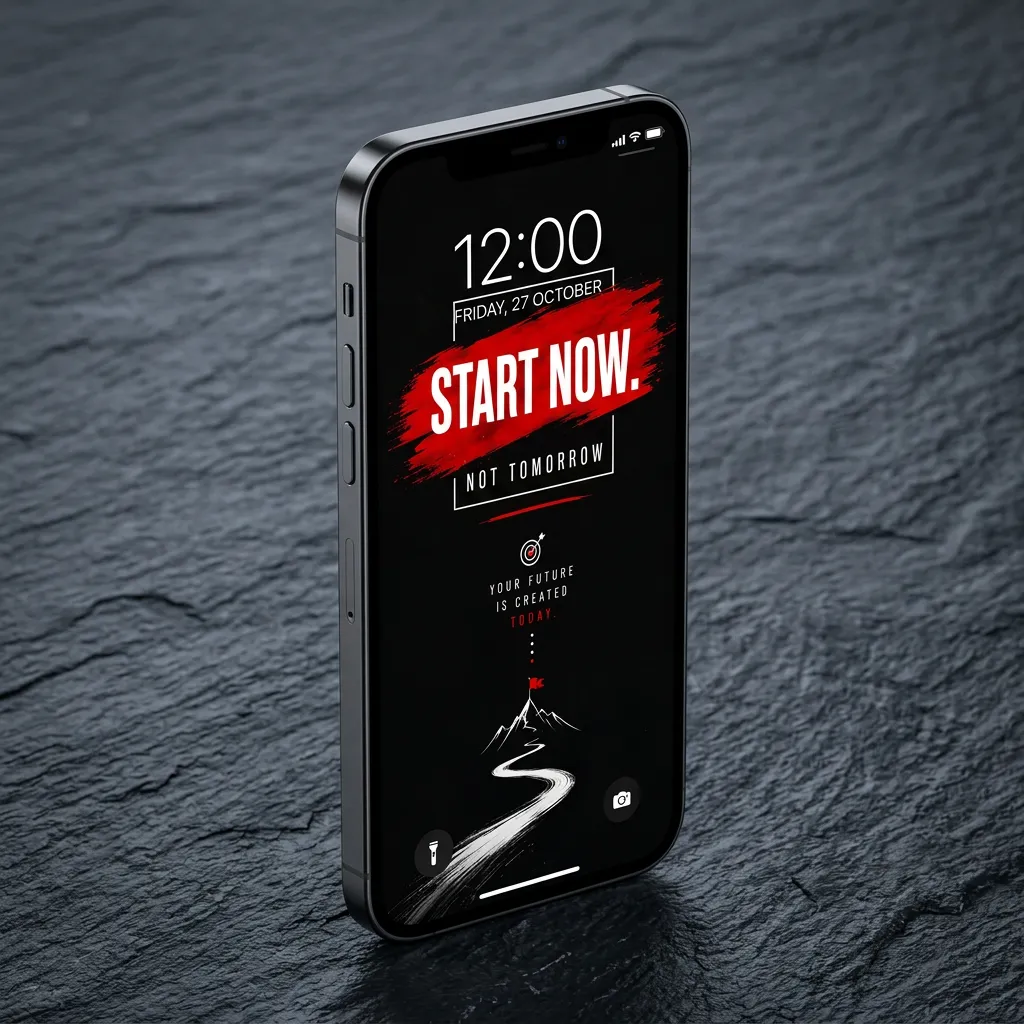 Black and red motivational iPhone wallpaper with start now goal path