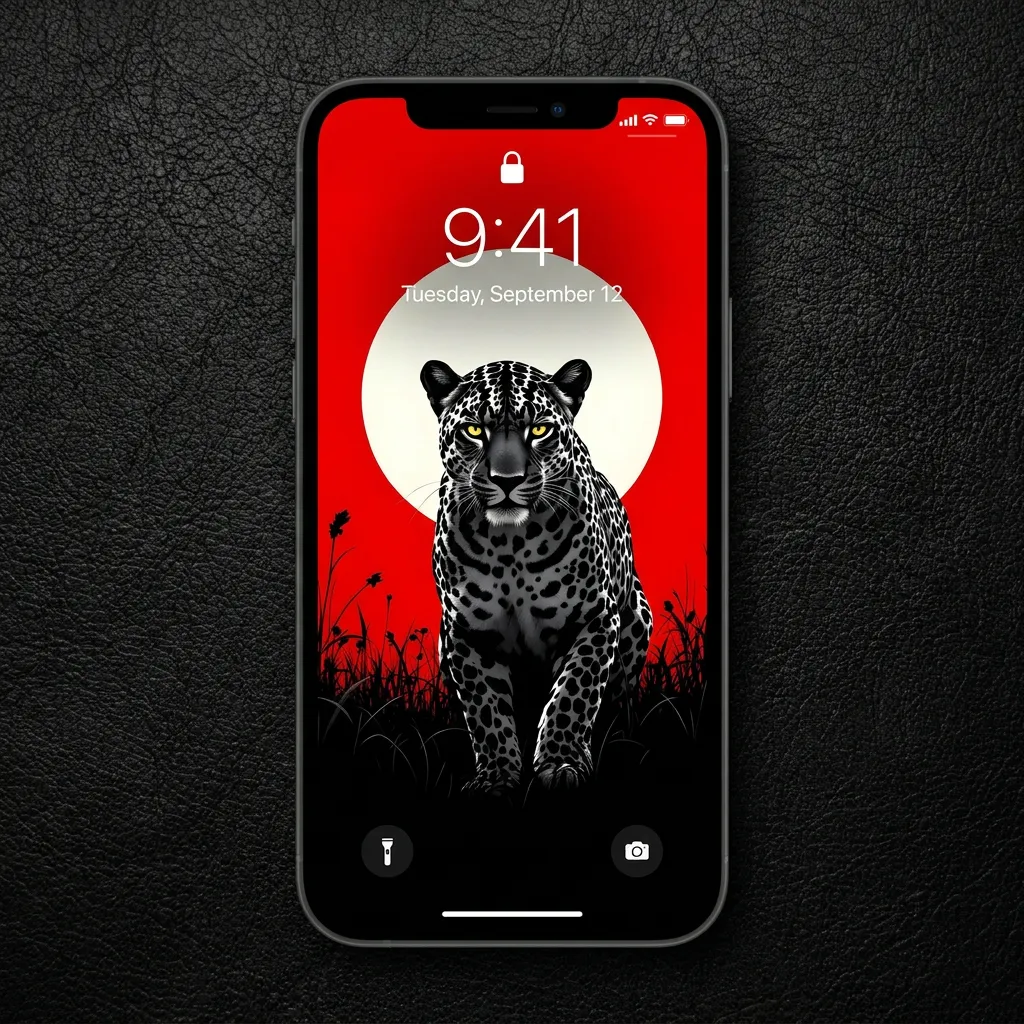 Black and white jaguar iPhone wallpaper with red sky mockup one