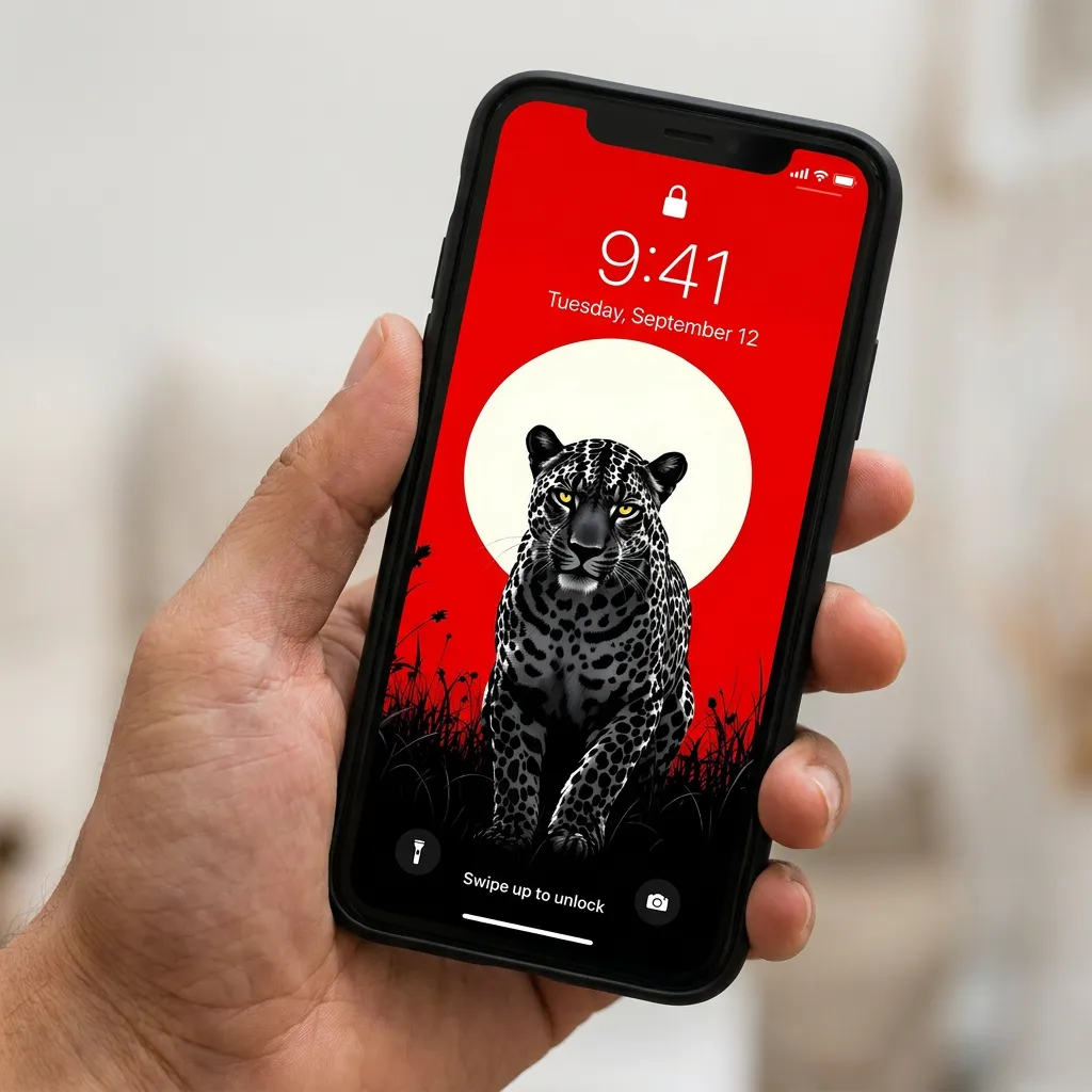 Black and white jaguar iPhone wallpaper with red sky mockup two
