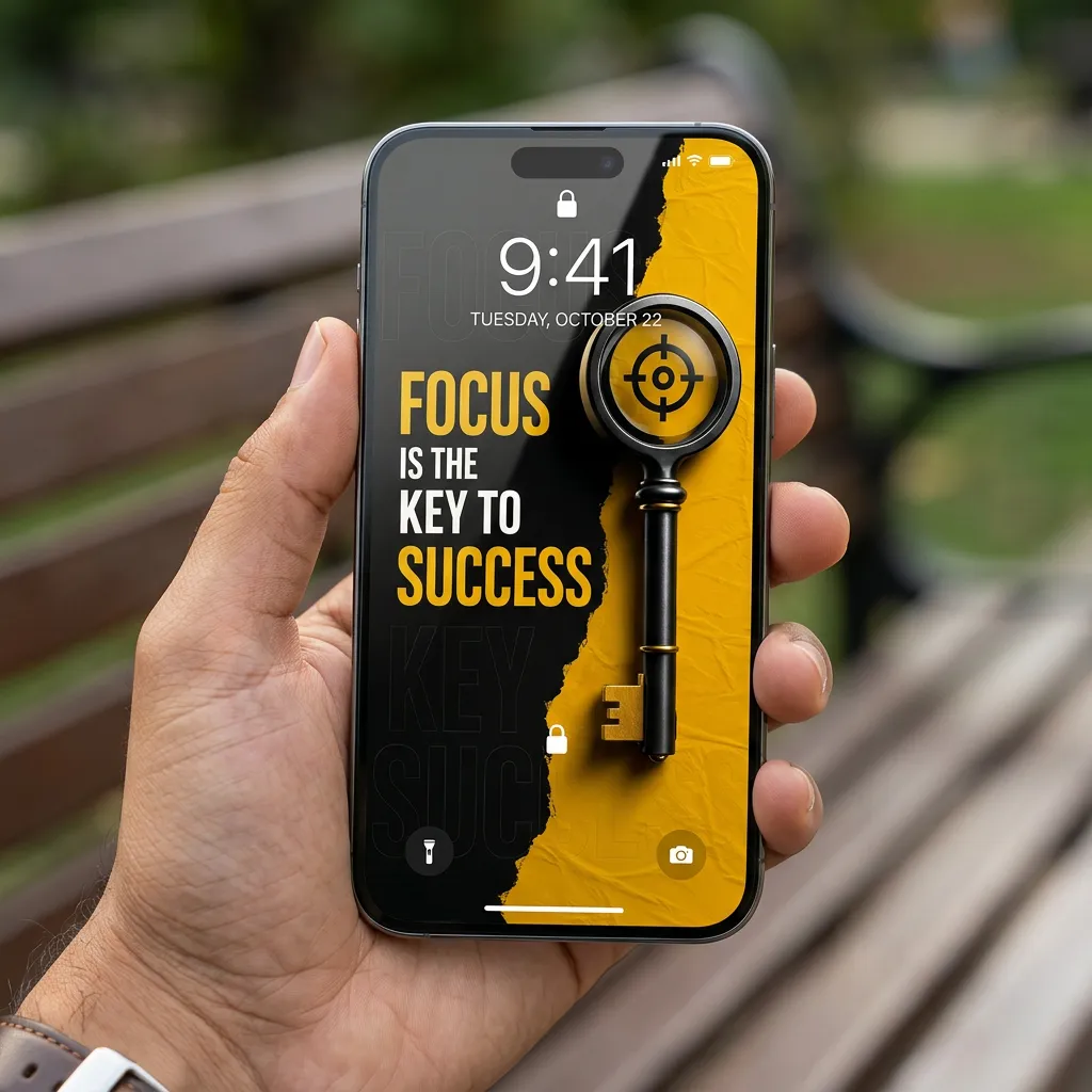 Black and yellow success mindset iPhone wallpaper with focus key design mockup two