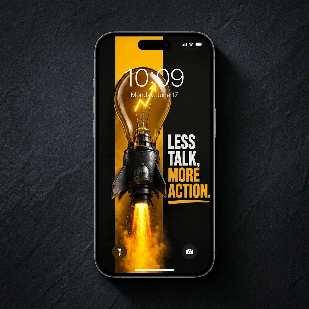 Black and yellow success mindset wallpaper with light bulb rocket mockup two