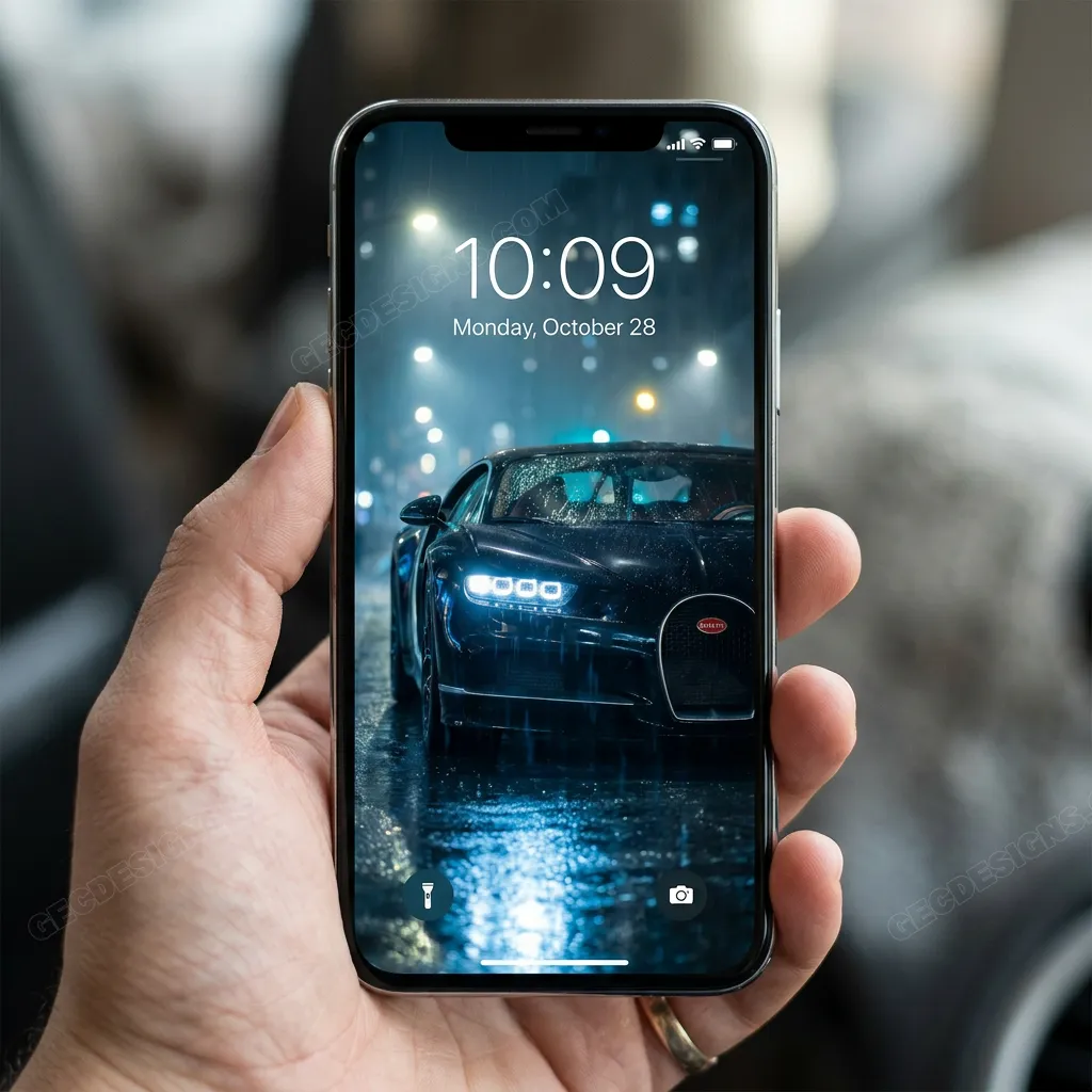 Black bugatti in rainy night iPhone wallpaper mockup two