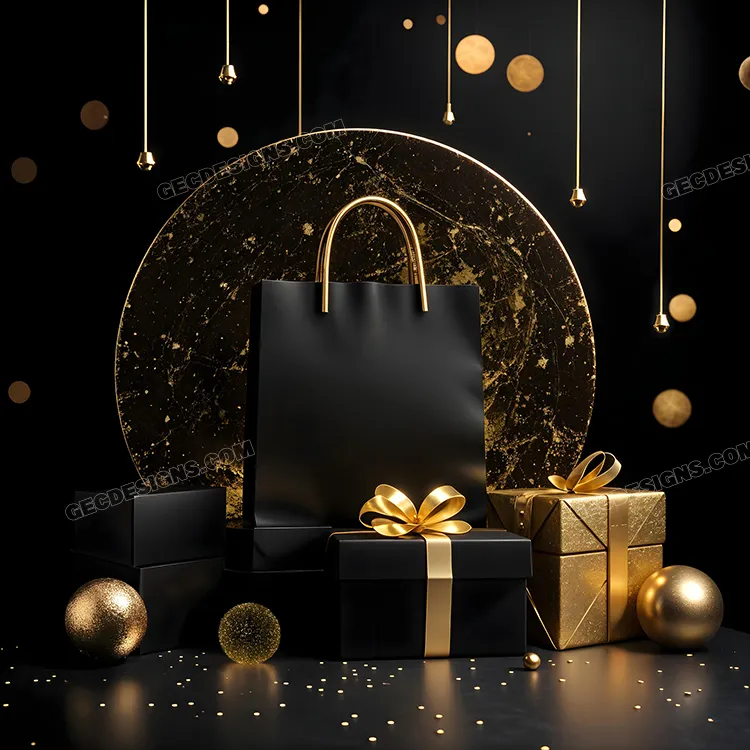 Black Friday 2024, Shopping bag, Gift box, and Golden balls in a dark background