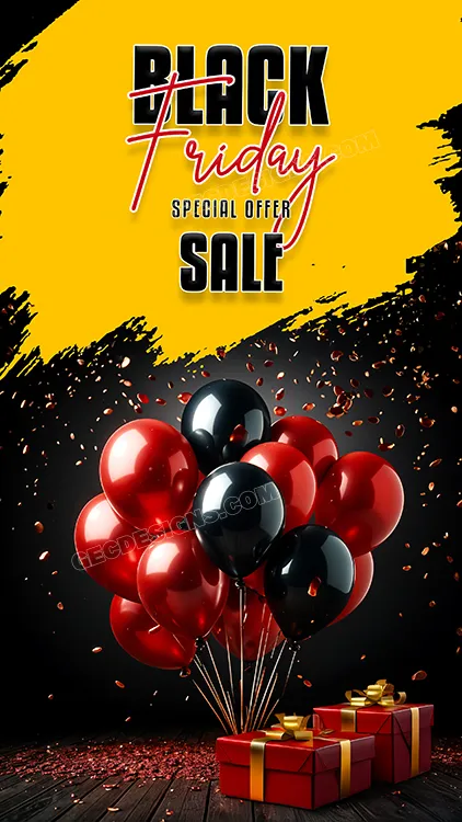 Black Friday sale poster with gifts, shiny balloons, and confetti on a dark background