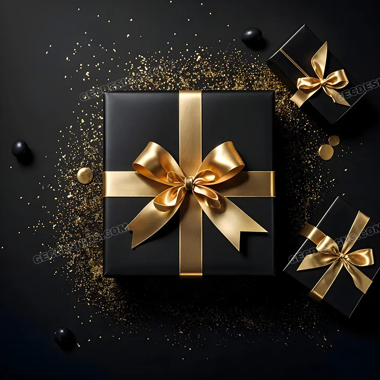 Black Friday wallpaper with gift boxes and golden confetti background