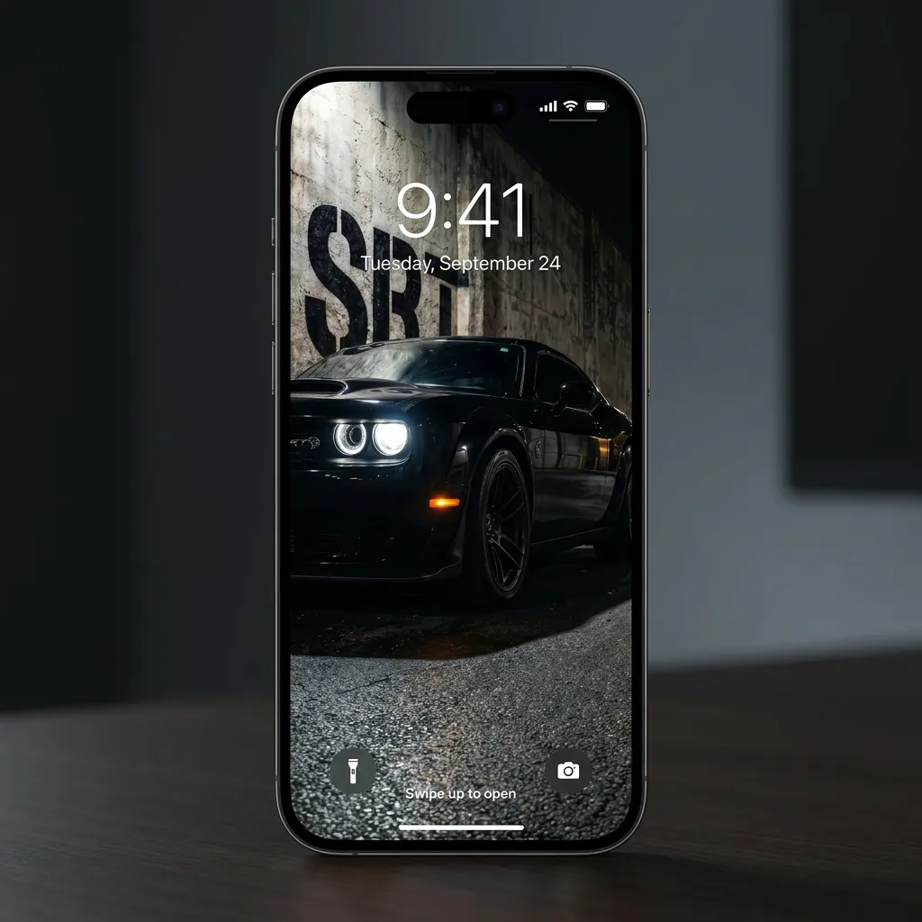Black srt muscle car iPhone wallpaper with night street style mockup one