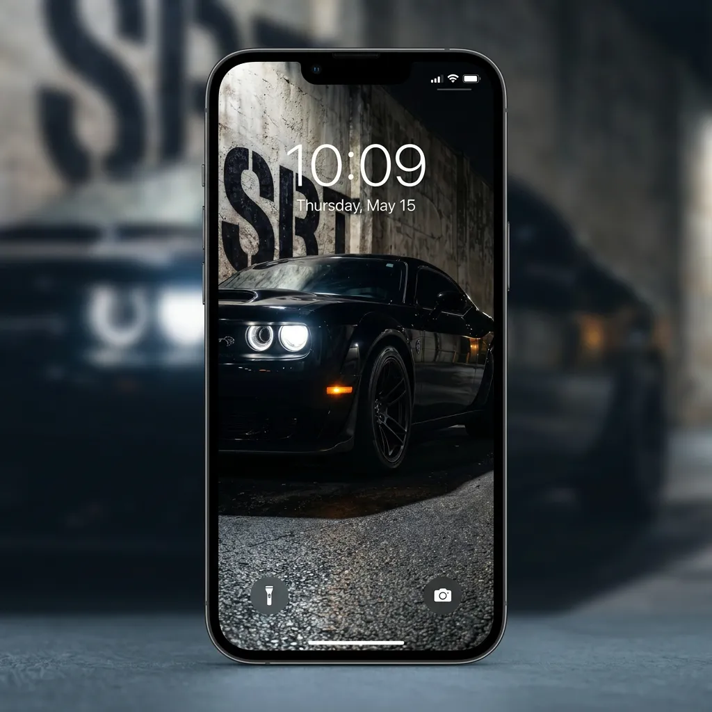 Black srt muscle car iPhone wallpaper with night street style mockup two