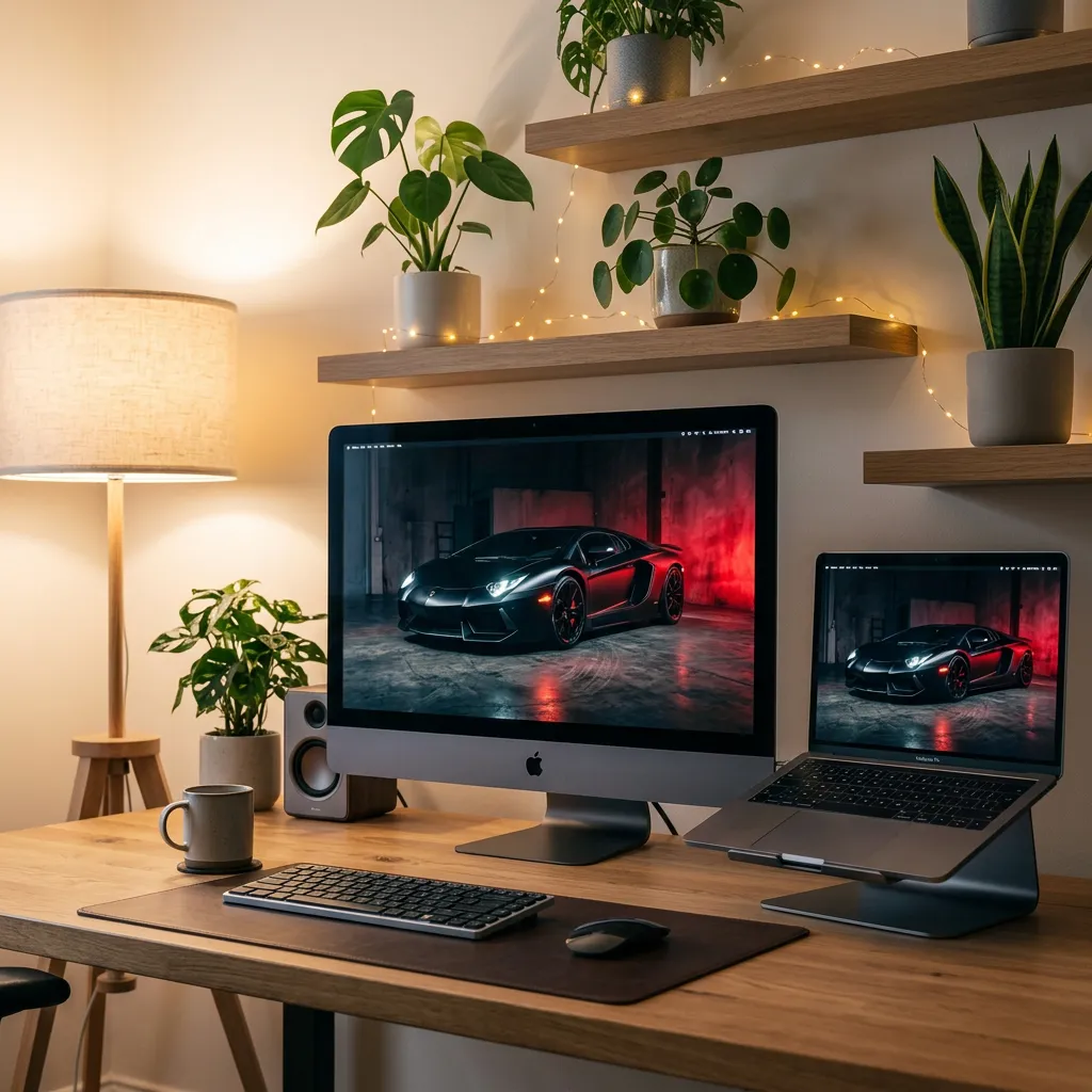 Black supercar desktop wallpaper with red garage lighting mockup two
