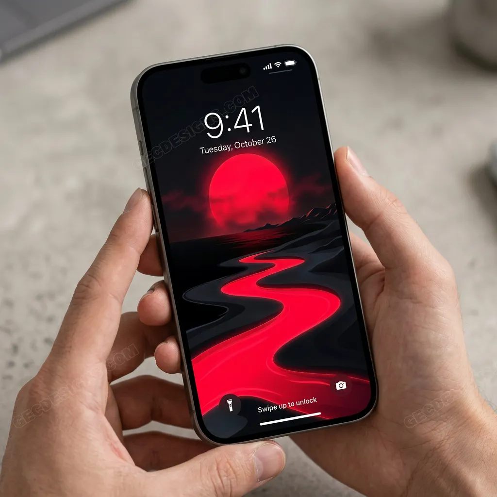 Blood moon landscape iPhone wallpaper with red river mockup one