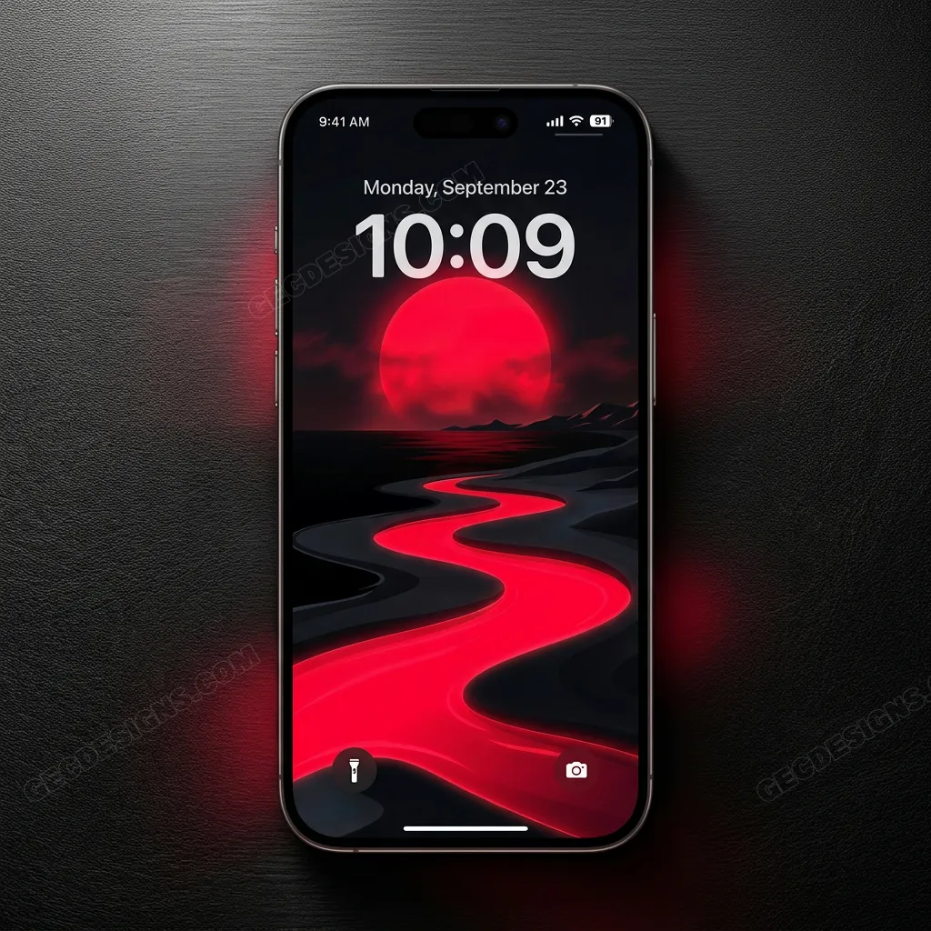 Blood moon landscape iPhone wallpaper with red river mockup two