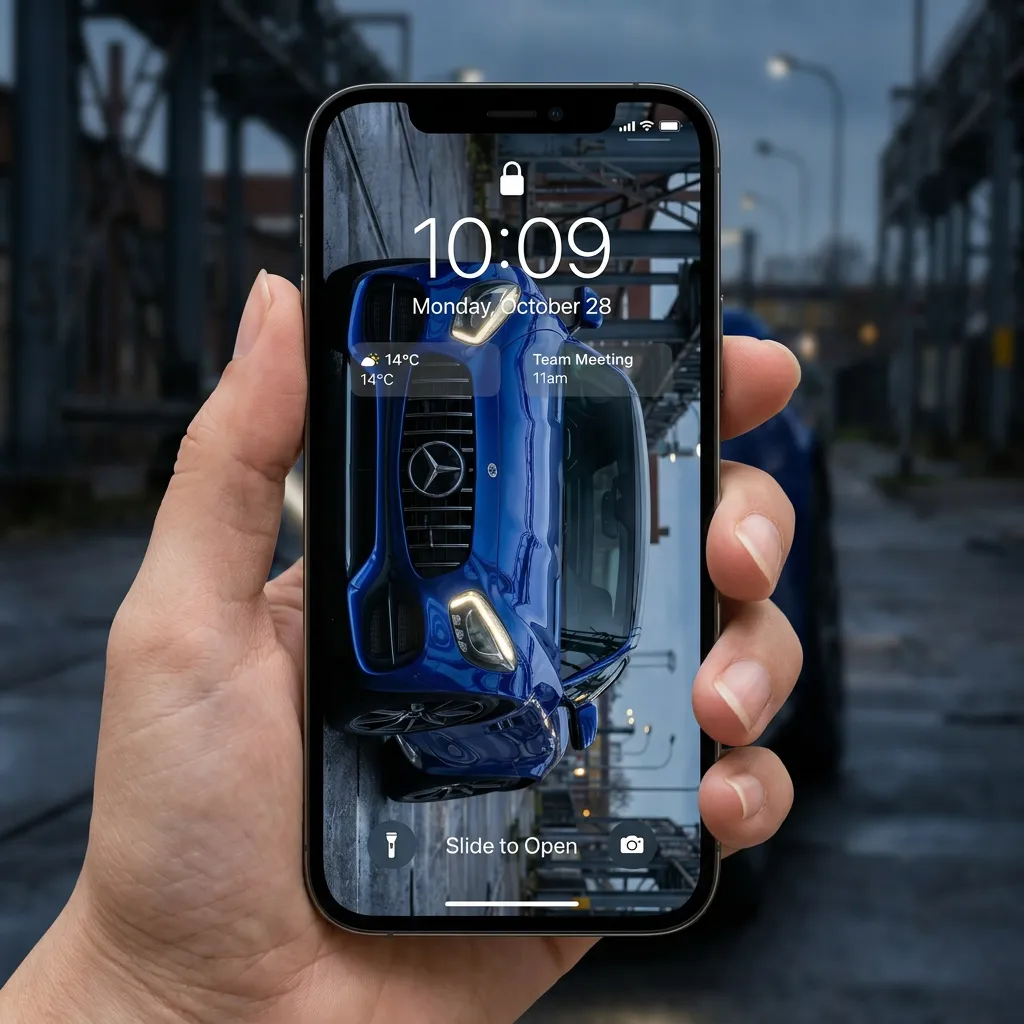 Blue luxury car iPhone wallpaper with modern city street and premium design mockup one