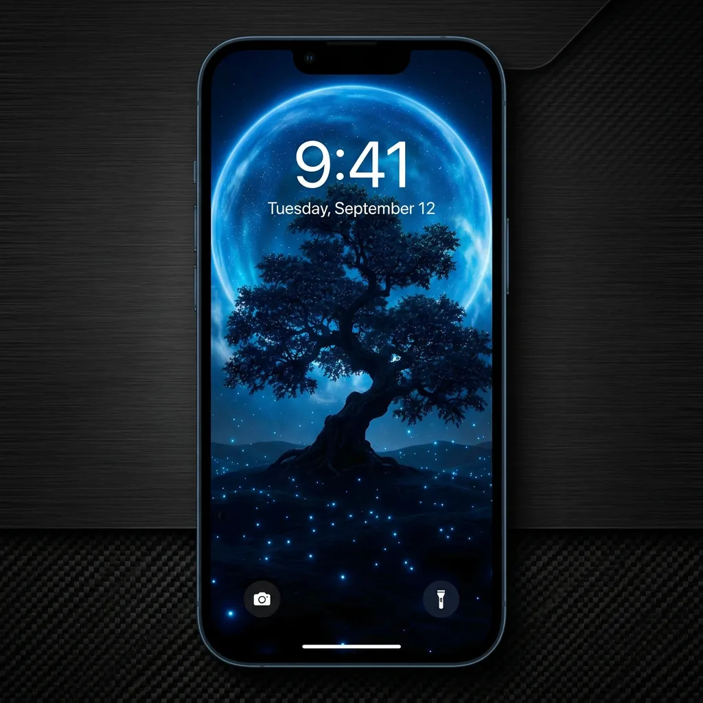 Blue moon tree iPhone wallpaper with glowing stars mockup one