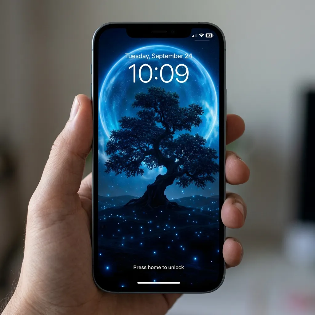 Blue moon tree iPhone wallpaper with glowing stars mockup two