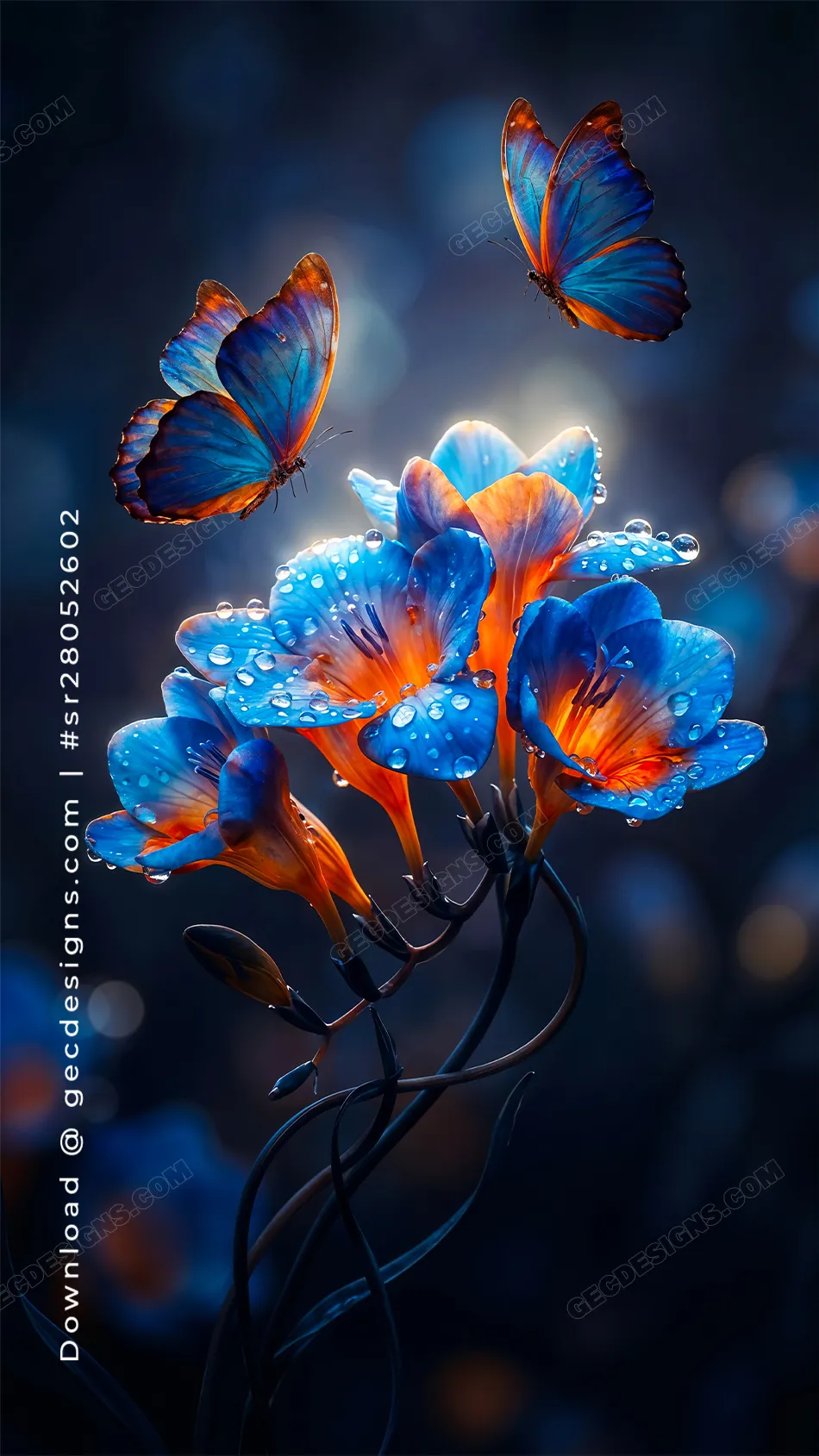 Blue Orange Flower iPhone Wallpaper with Butterfly Glow