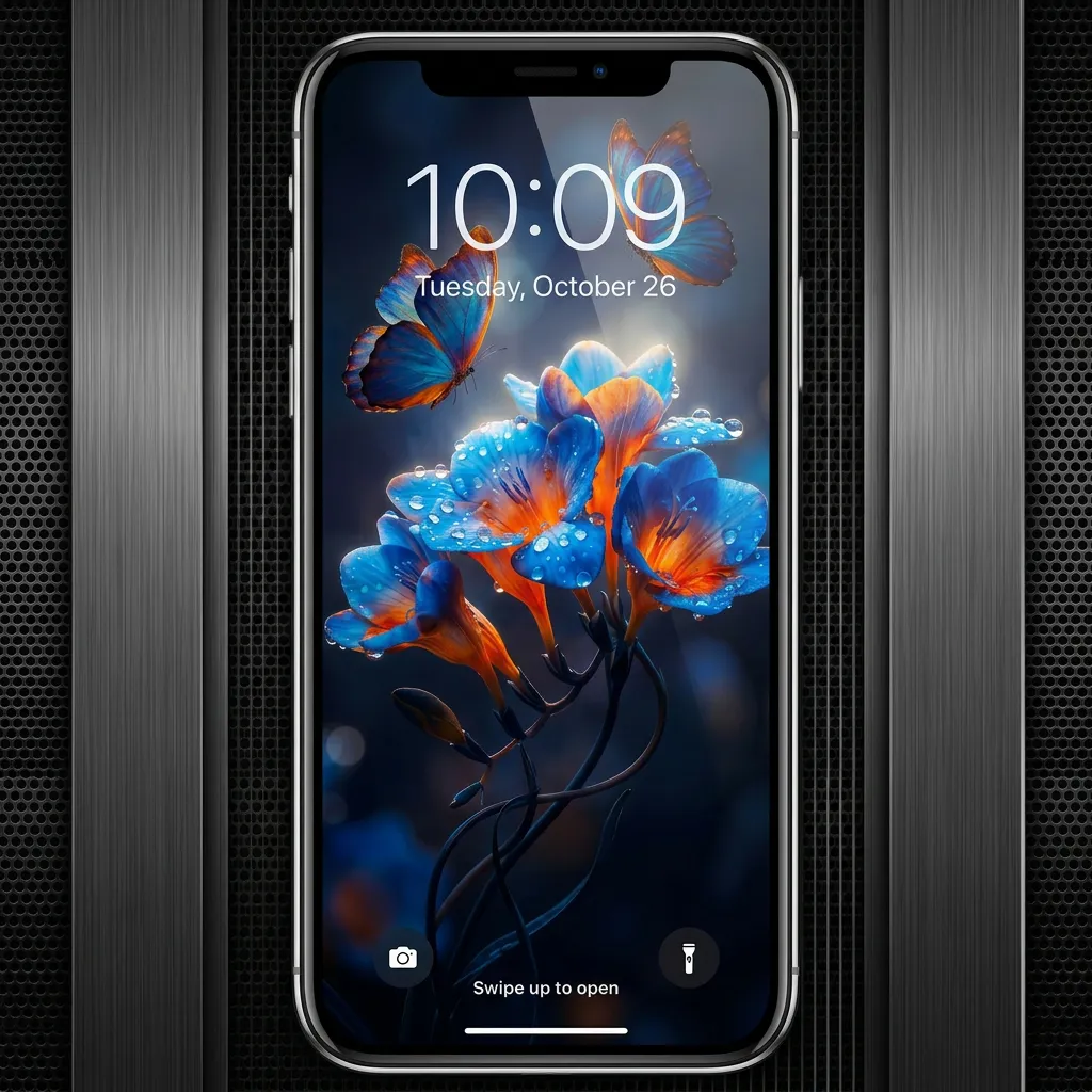 Blue orange flower iPhone wallpaper with butterfly glow mockup two
