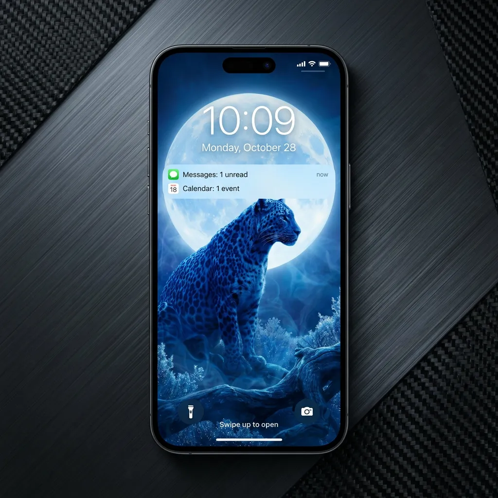 Blue snow leopard iPhone wallpaper with full moon mockup one