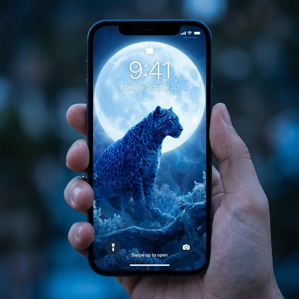 Blue snow leopard iPhone wallpaper with full moon mockup two