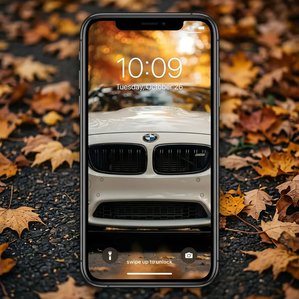 Bmw luxury car iPhone wallpaper with front view and autumn background aesthetic mockup one