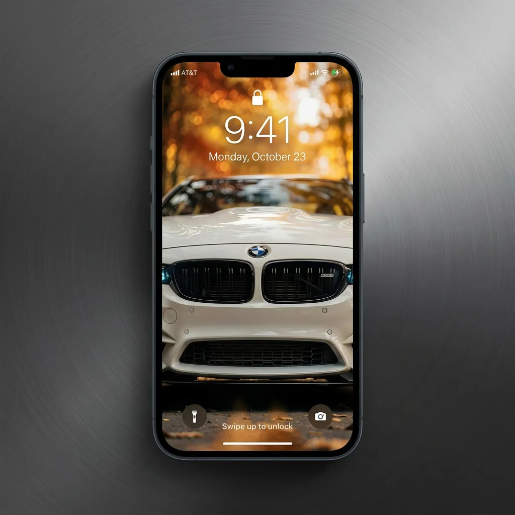 Bmw luxury car iPhone wallpaper with front view and autumn background aesthetic mockup two