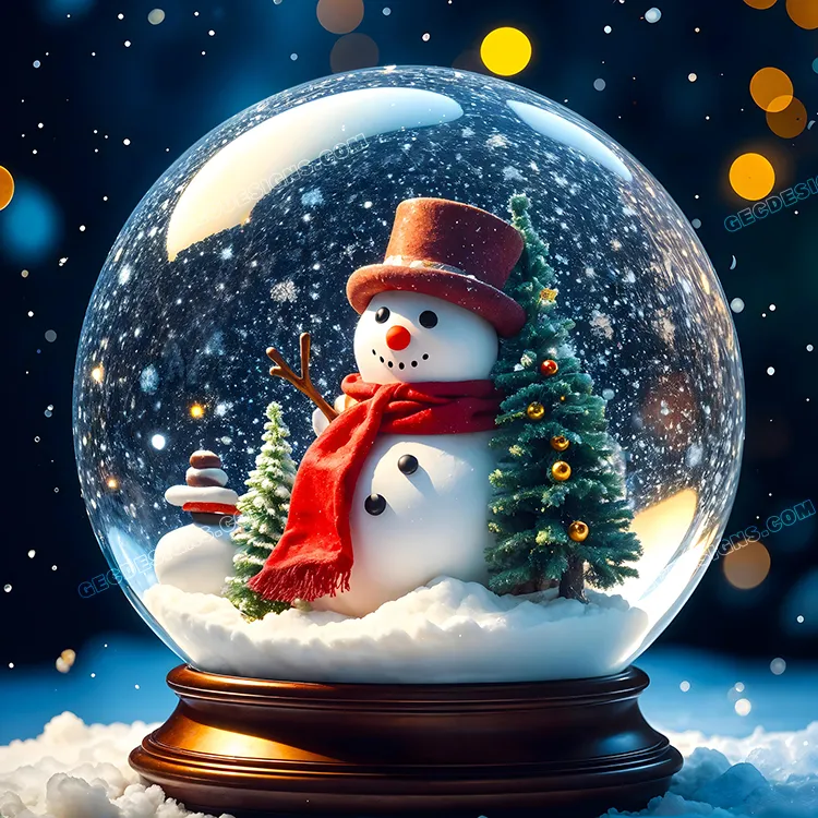 Christmas crystal ball with cute snowman standing in front of the decorated Christmas tree, Snow falling background