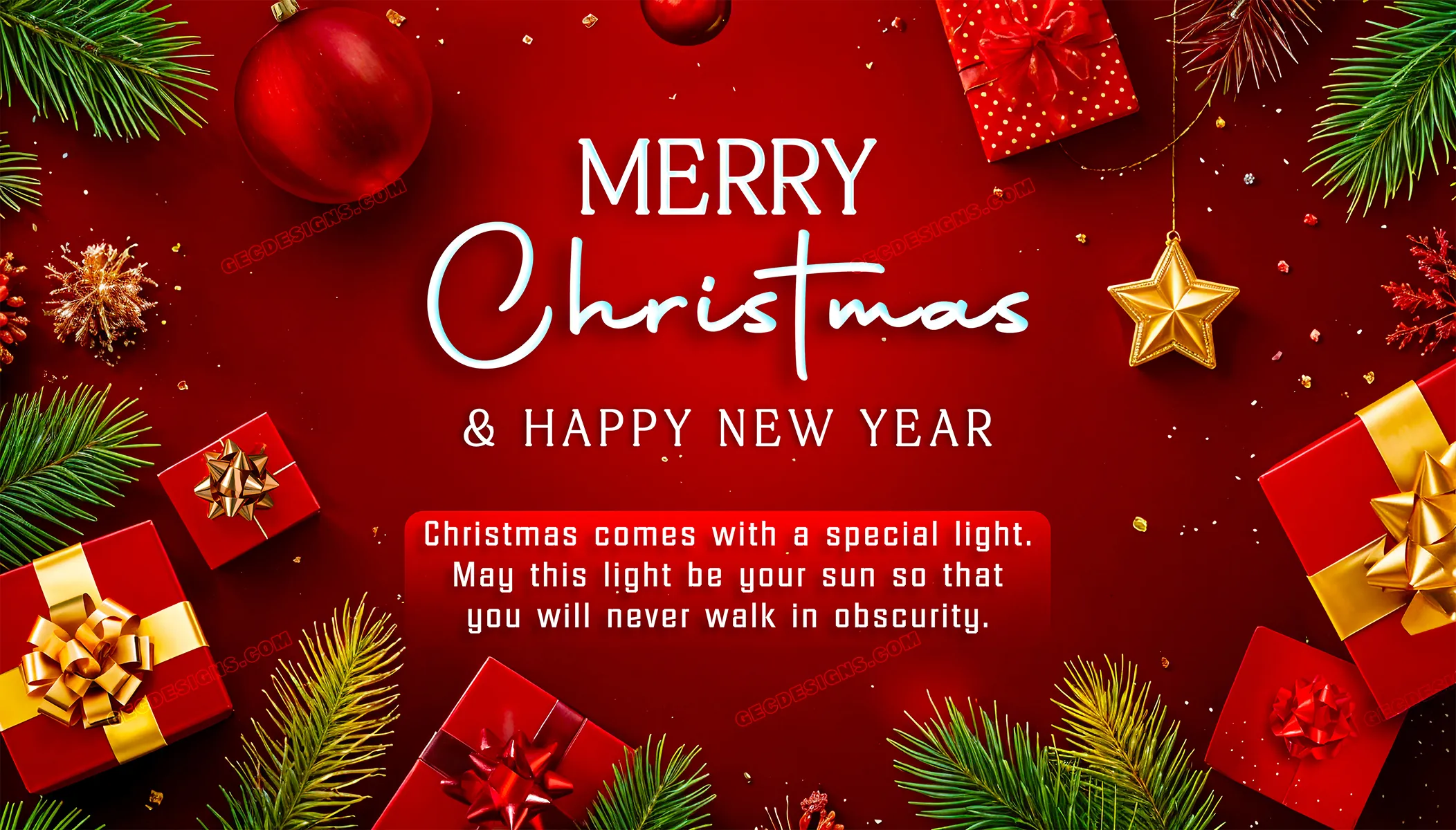 Christmas Wishes and Greetings in a Beautiful Christmas background - GEC  Designs, image size:2104x1200