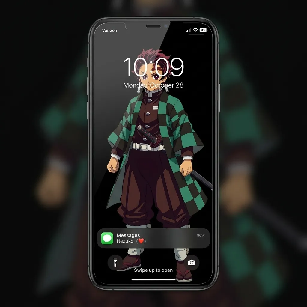 Clean tanjiro kamado iPhone wallpaper with full outfit detail mockup one