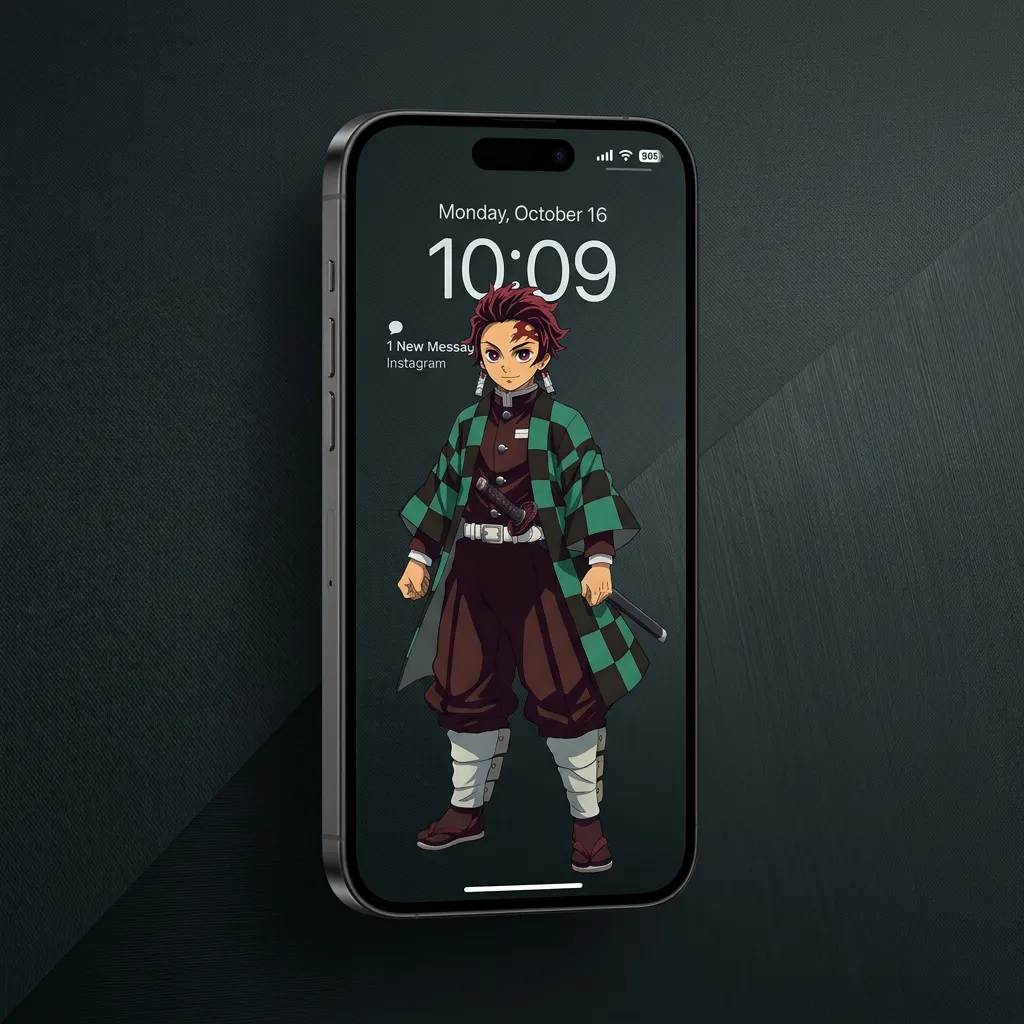 Clean tanjiro kamado iPhone wallpaper with full outfit detail mockup two