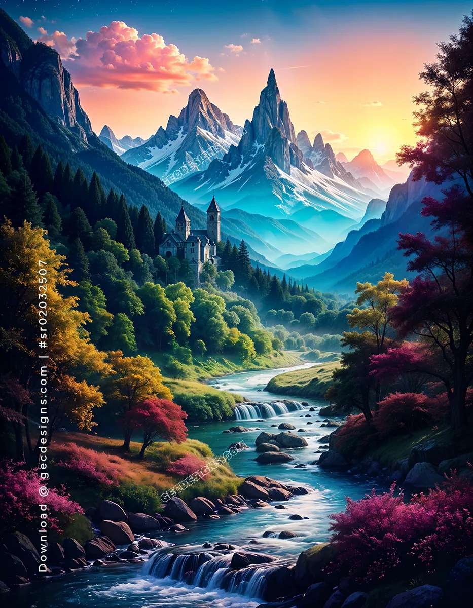 Colorful Fantasy forest with magical castle, Mountains, and River AI Generated, human-enhanced