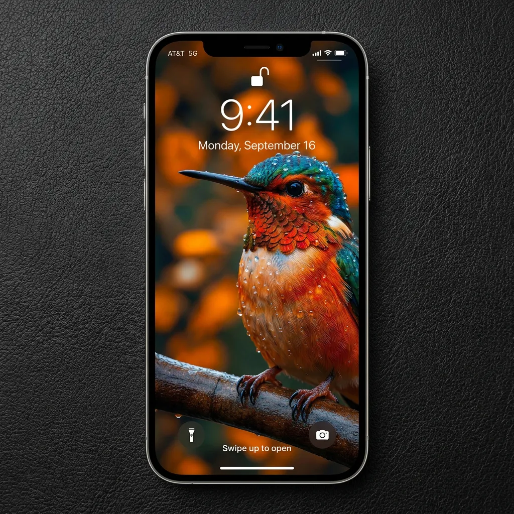 Colorful hummingbird iPhone wallpaper in rain mockup one