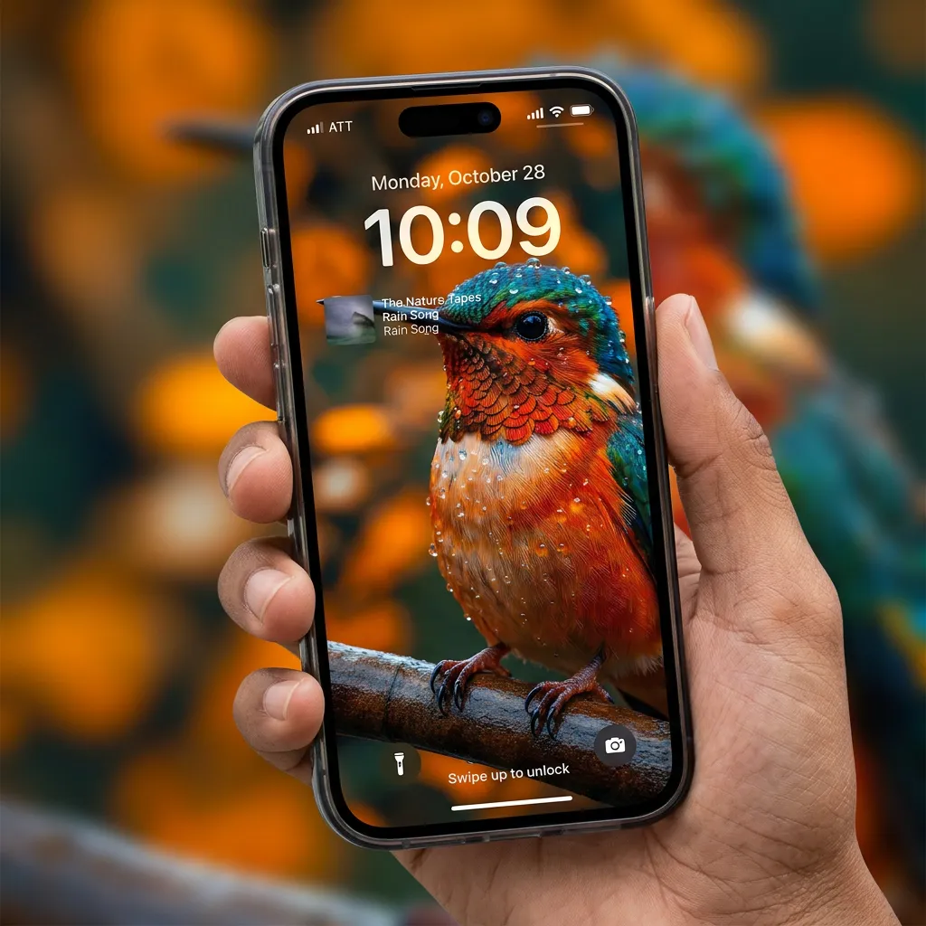 Colorful hummingbird iPhone wallpaper in rain mockup two