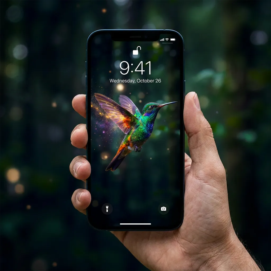 Colorful hummingbird iPhone wallpaper with soft glow mockup one