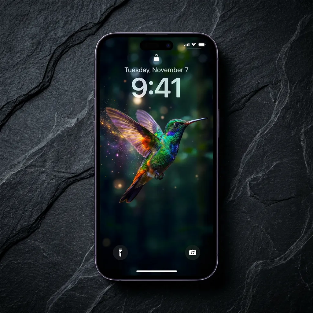 Colorful hummingbird iPhone wallpaper with soft glow mockup two