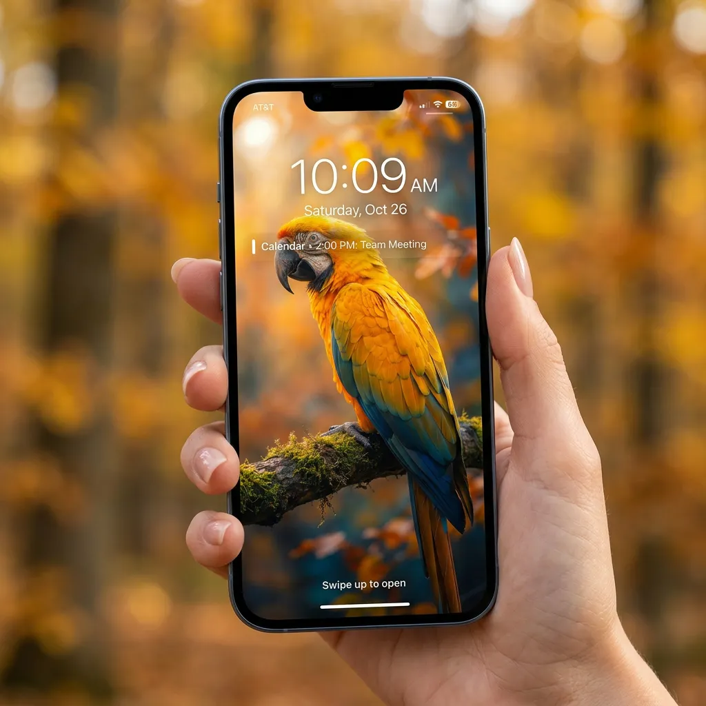 Colorful parrot iPhone wallpaper with warm nature glow mockup two