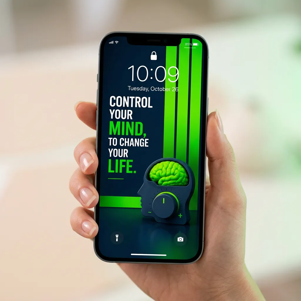 Control your mind to change your life 3D brain dial motivational iPhone wallpaper mockup two