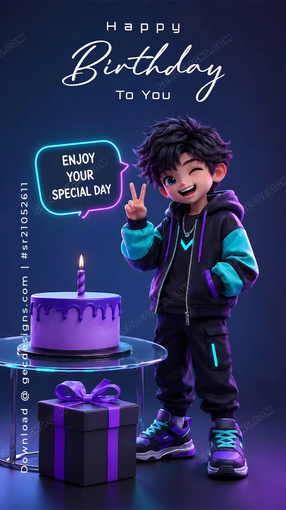 Cool happy birthday image with boy and neon cake theme