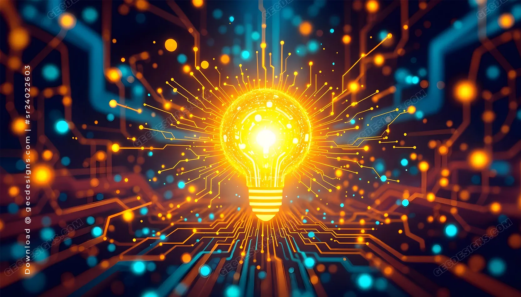 Creative Technology Desktop Wallpaper with Glowing Light Bulb and Digital Circuit Design