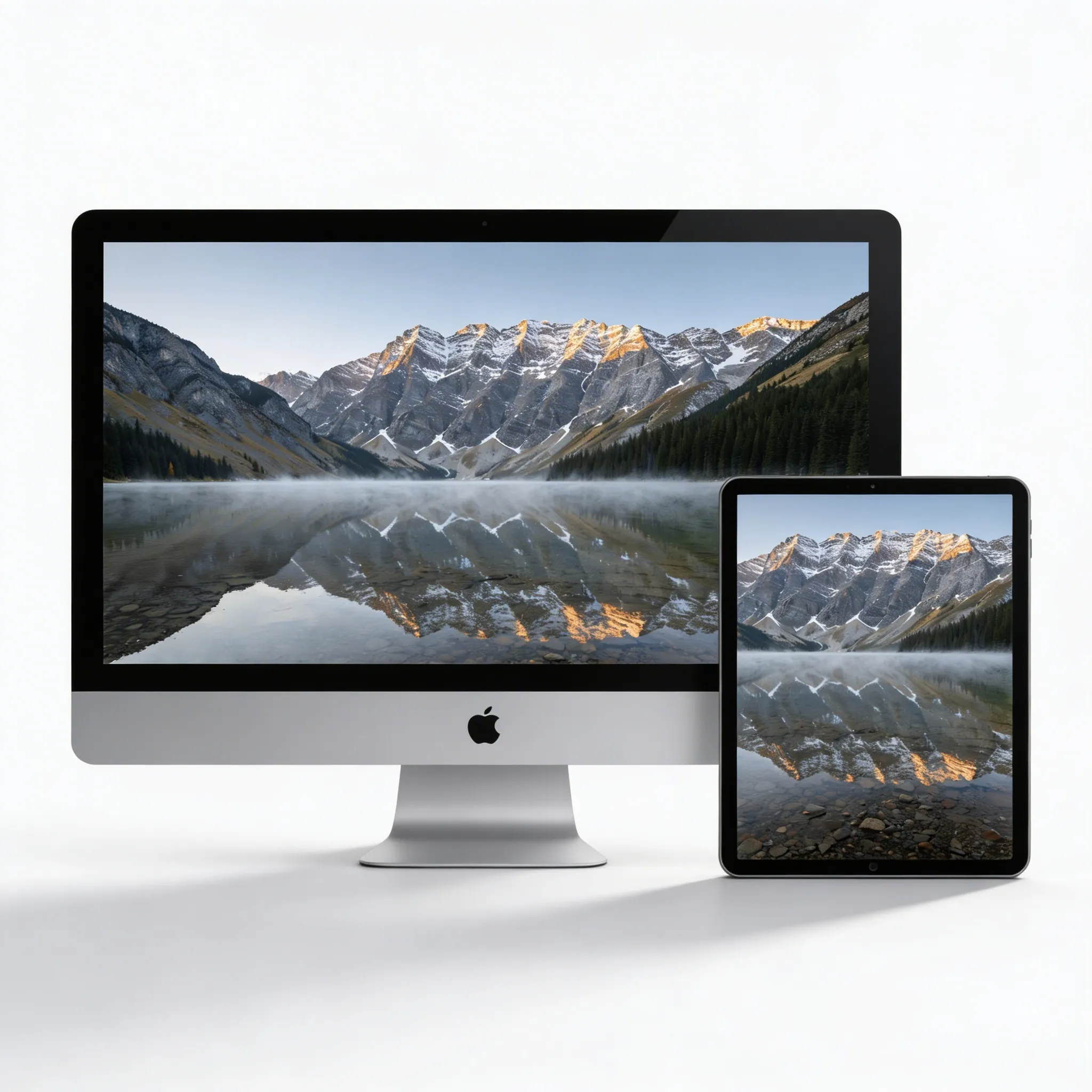 Crystal Clear Mountain Lake Nature Desktop Wallpaper With Golden Peak Reflection Sr24022610 Mockup One
