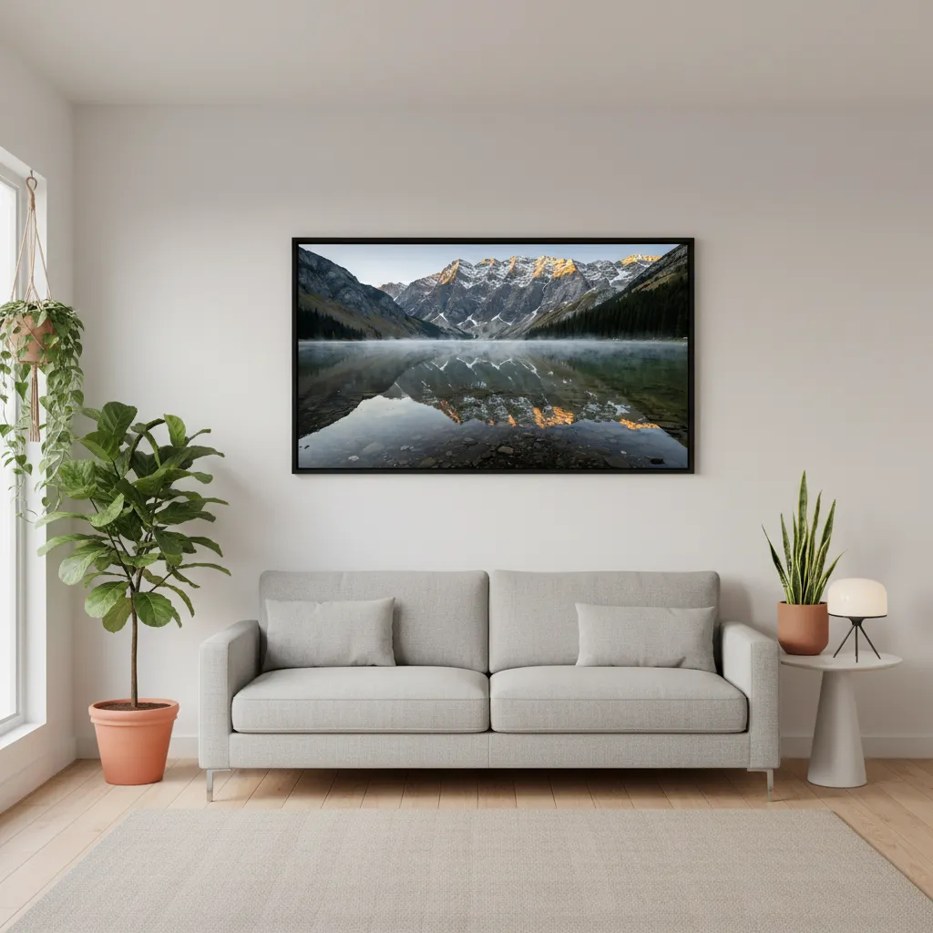 Crystal Clear Mountain Lake Nature Desktop Wallpaper With Golden Peak Reflection Sr24022610 Mockup Two