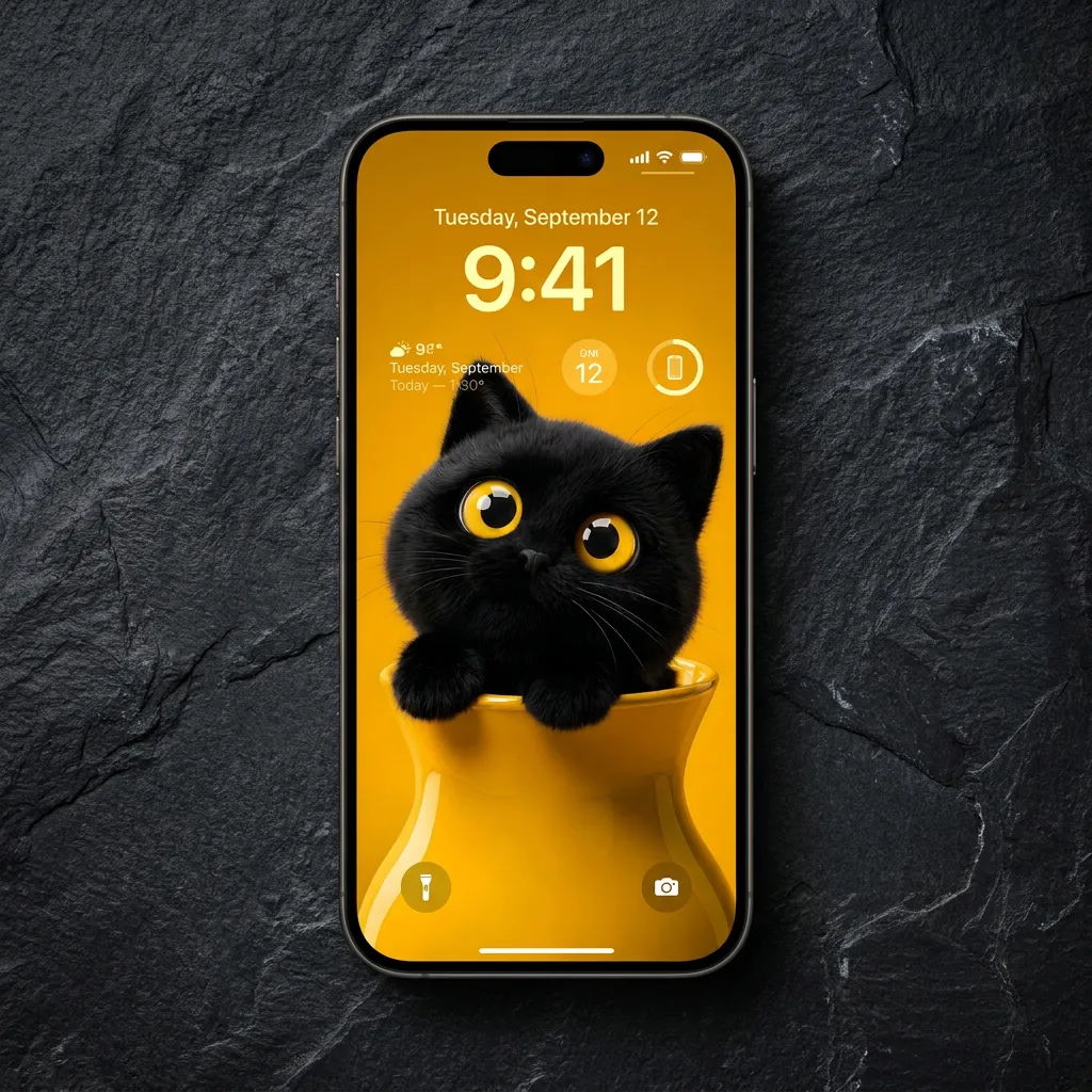 Cute black cat iPhone wallpaper with yellow background mockup one