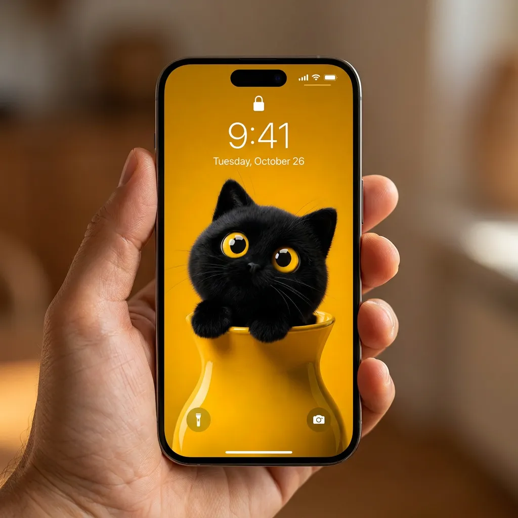 Cute black cat iPhone wallpaper with yellow background mockup two