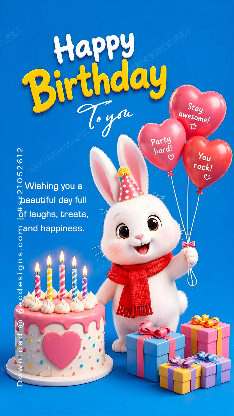 Cute bunny happy birthday image with cake and balloons