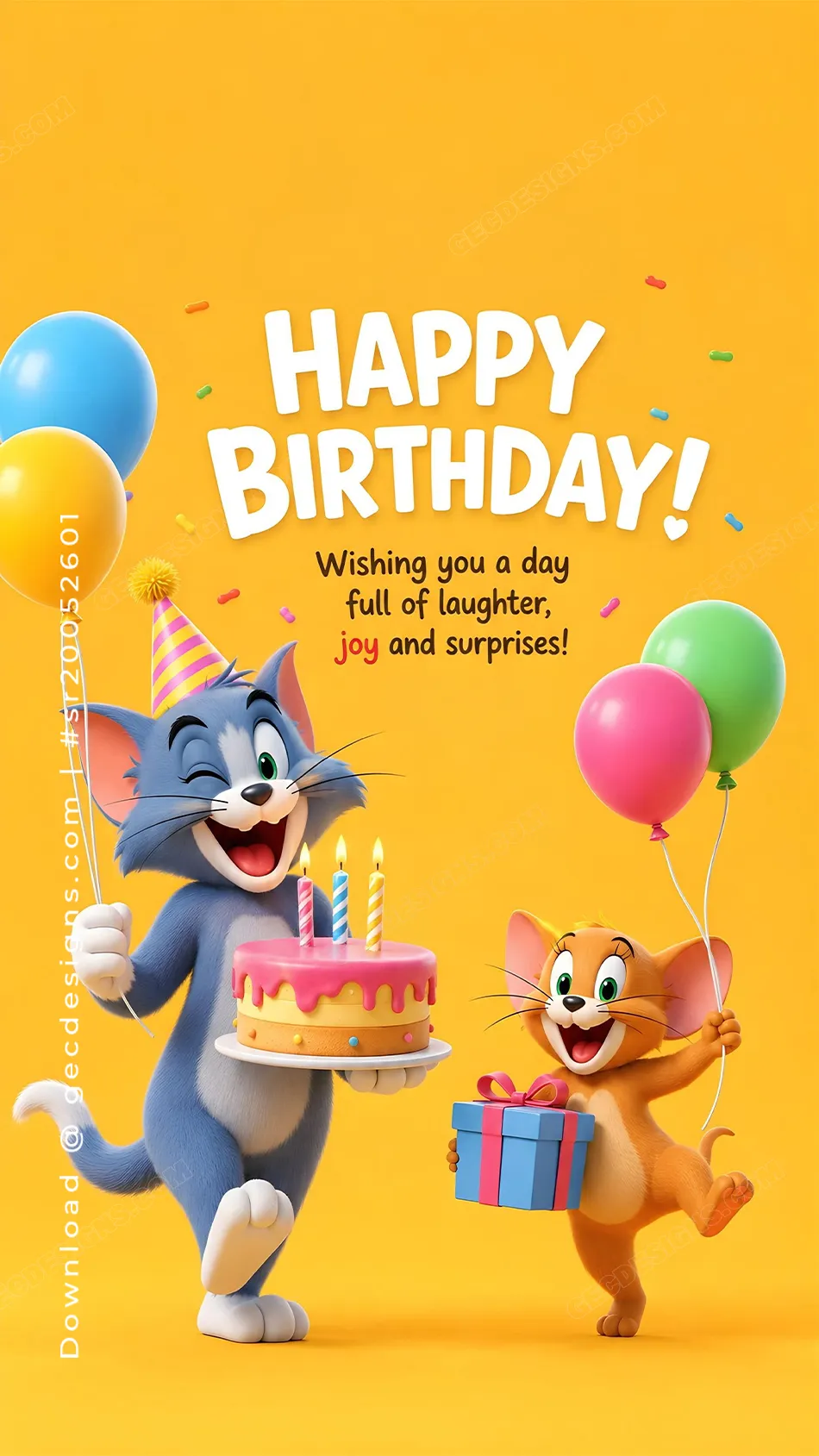 Cute happy birthday image with cartoon cat mouse and balloons
