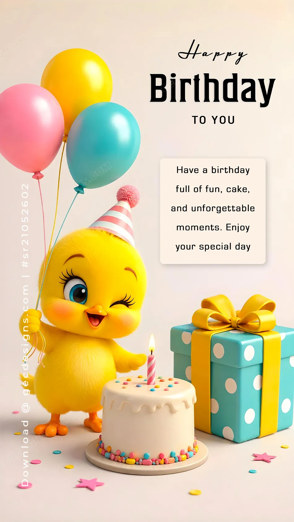 Cute happy birthday image with chick cake and balloons