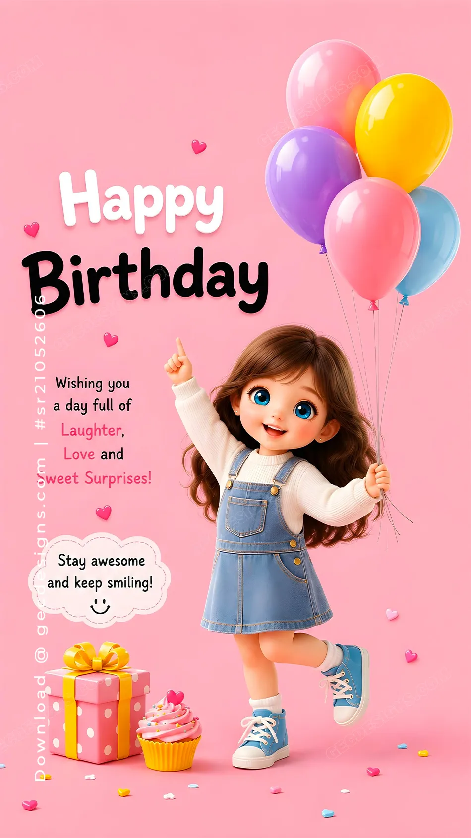 Cute happy birthday image with girl holding balloons and a cupcake