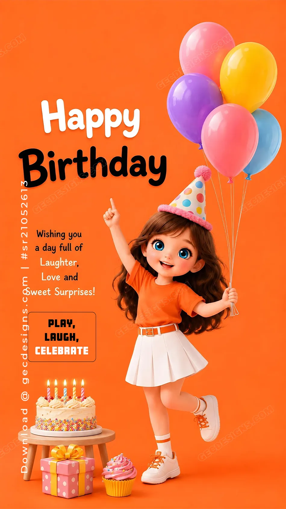 Cute happy birthday image with girl holding balloons and orange background