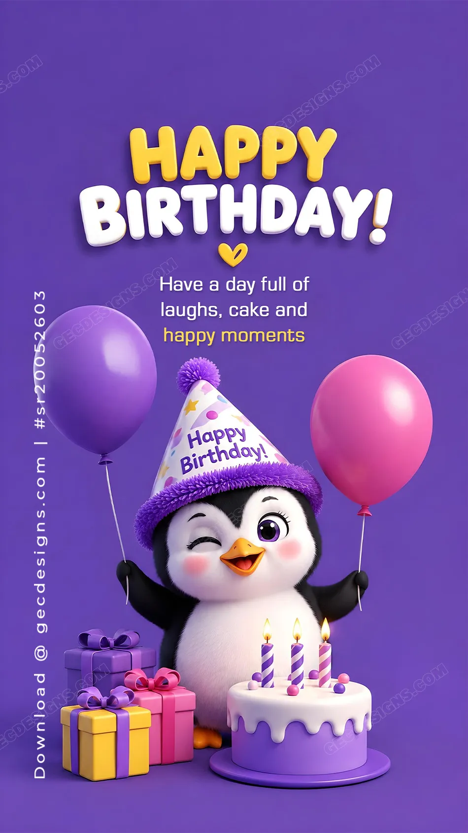 Cute happy birthday image with penguin cake balloons and gifts