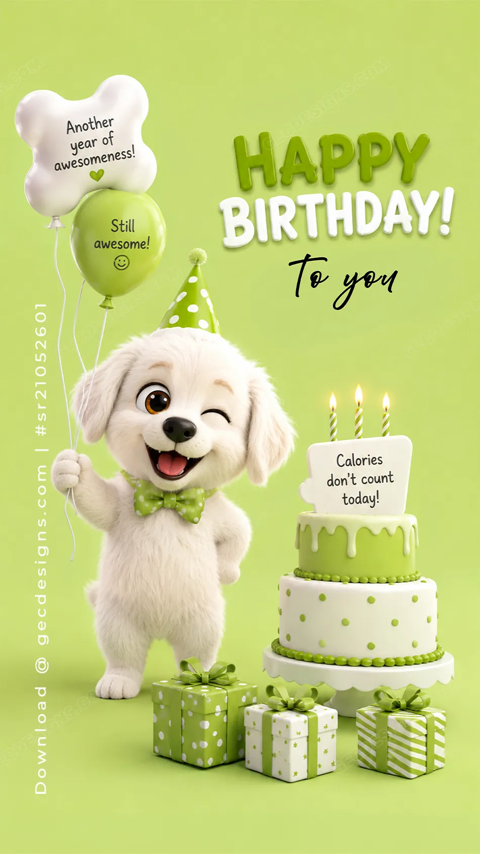 Cute happy birthday image with puppy cake and balloons