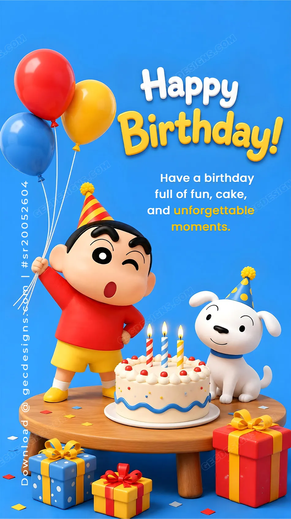 Cute happy birthday image with cartoon boy puppy cake and balloons